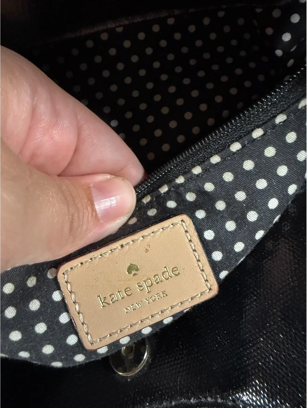 Kate Spade New York Black Patent Leather Tote Bag with Beige Handles